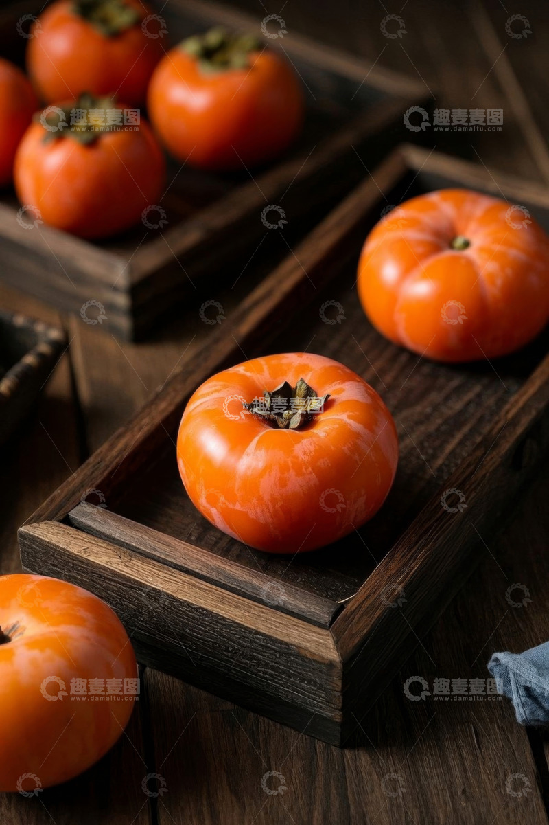 高清大图下载【趣麦麦图】木盘上摆放的新鲜柿子