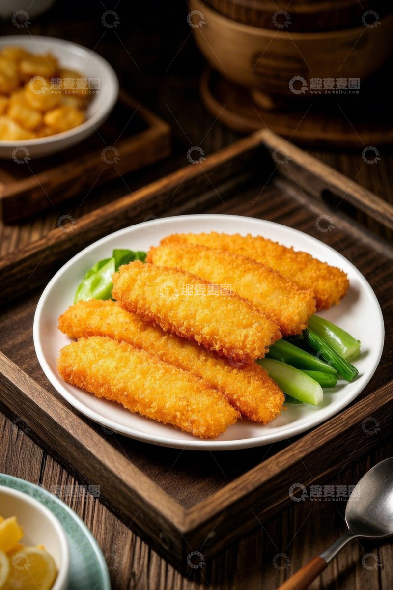 高清大图下载【趣麦麦图】木盘上的油炸食物摆拍