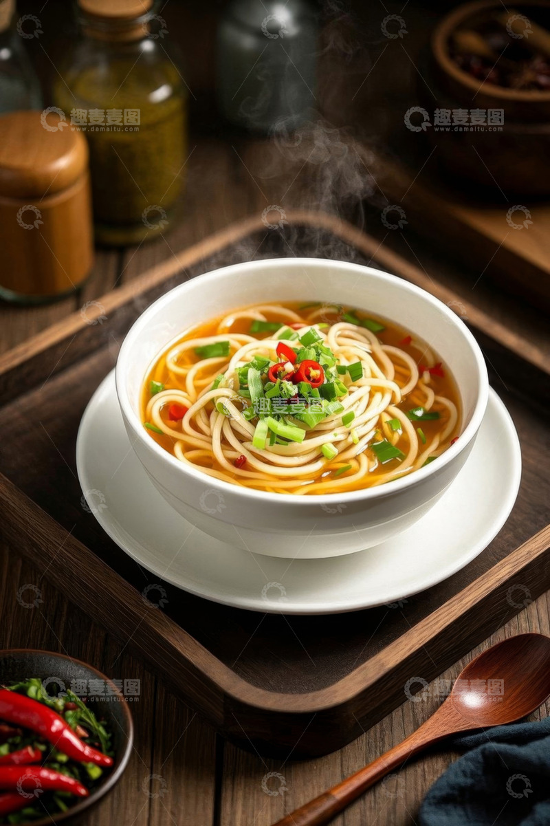 高清大图下载【趣麦麦图】木桌上热气腾腾的葱花面条