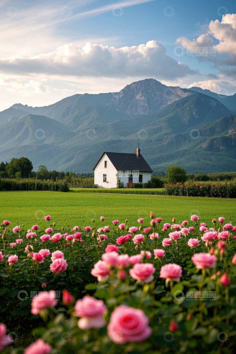 高清大图下载【趣麦麦图】田园山坡下的小屋与玫瑰田