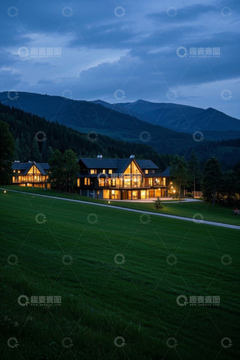高清大图下载【趣麦麦图】山间暮色中的亮灯木屋