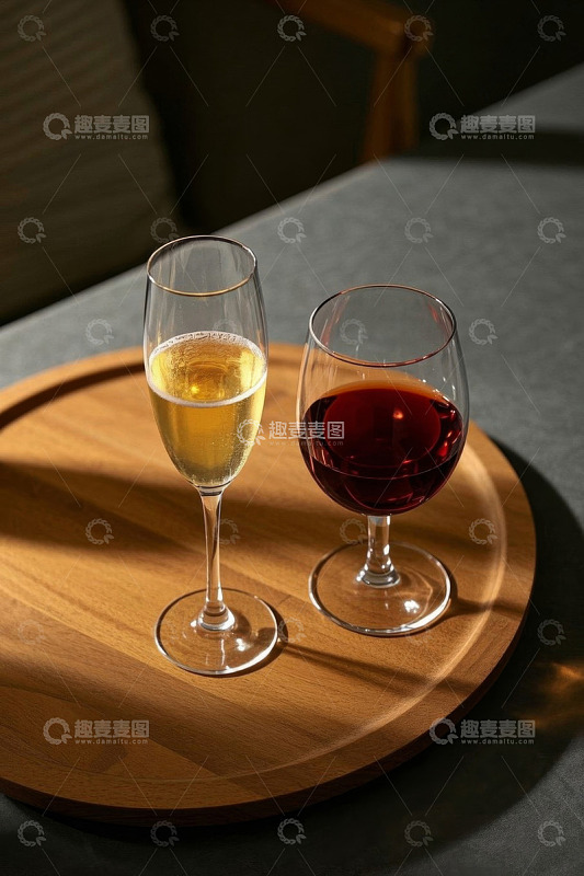 托盘上的红白葡萄酒杯