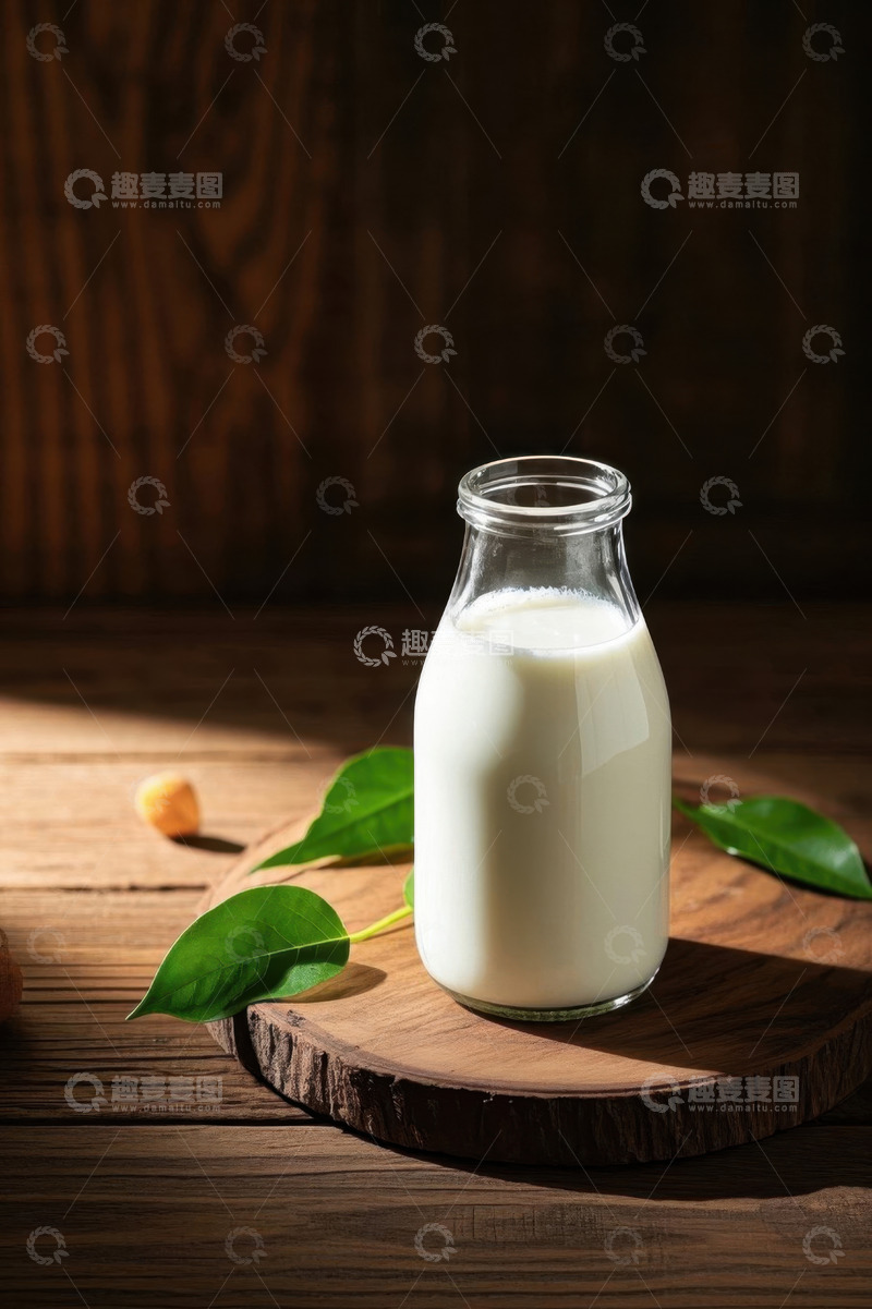 高清大图下载【趣麦麦图】玻璃瓶牛奶置于木质台面上