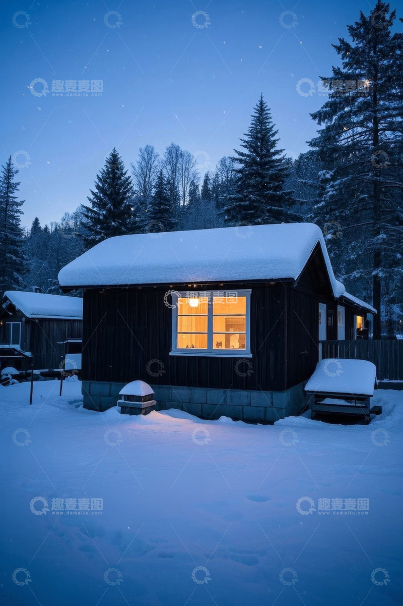 高清大图下载【趣麦麦图】雪夜中森林旁的木屋景象