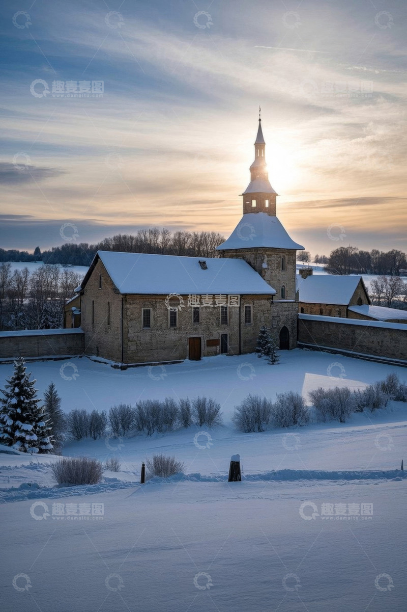 高清大图下载【趣麦麦图】雪后教堂冬日景观