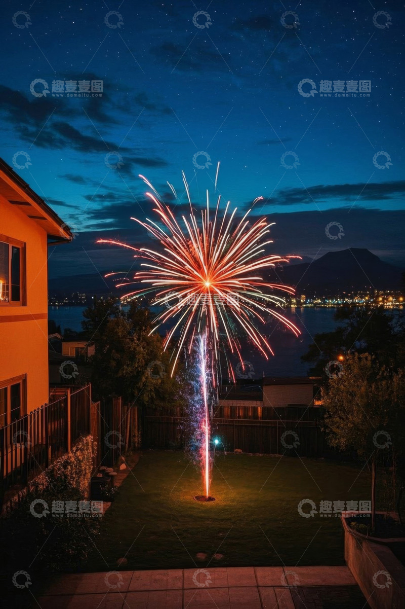高清大图下载【趣麦麦图】庭院夜空中绽放的绚丽烟花