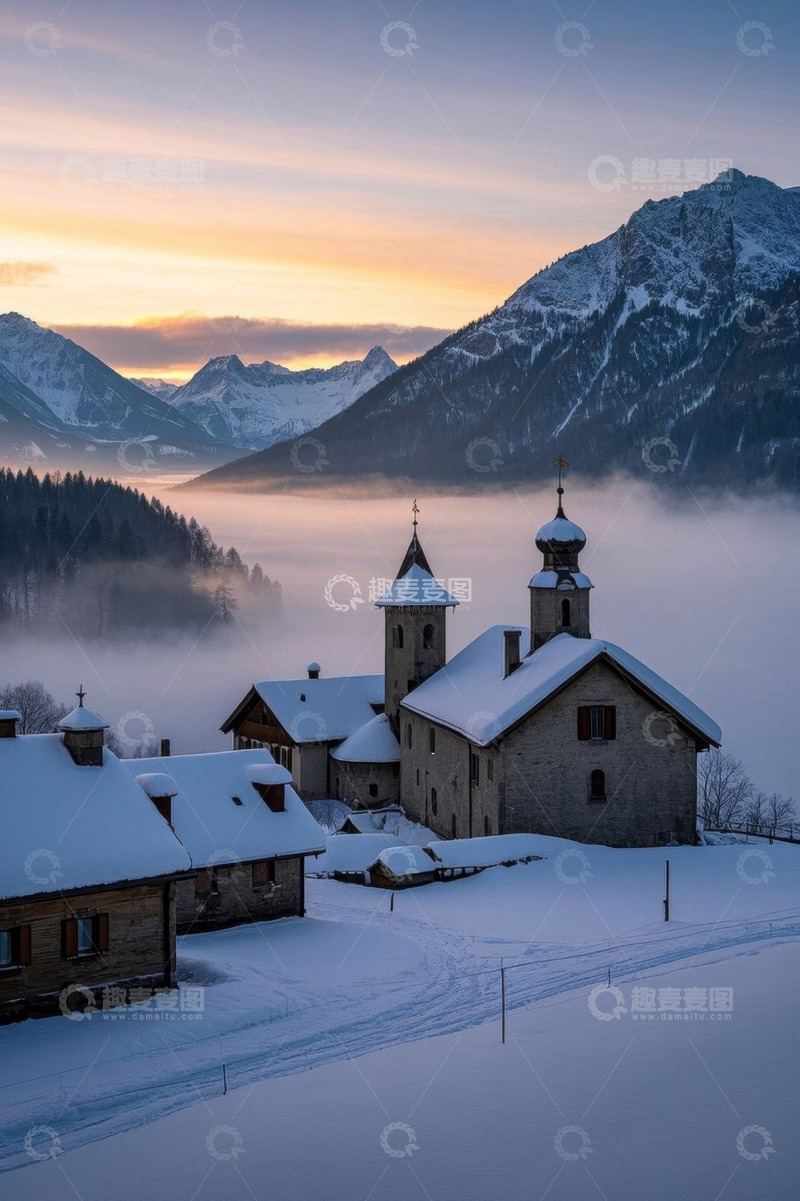 高清大图下载【趣麦麦图】雪山下被雪覆盖的村庄