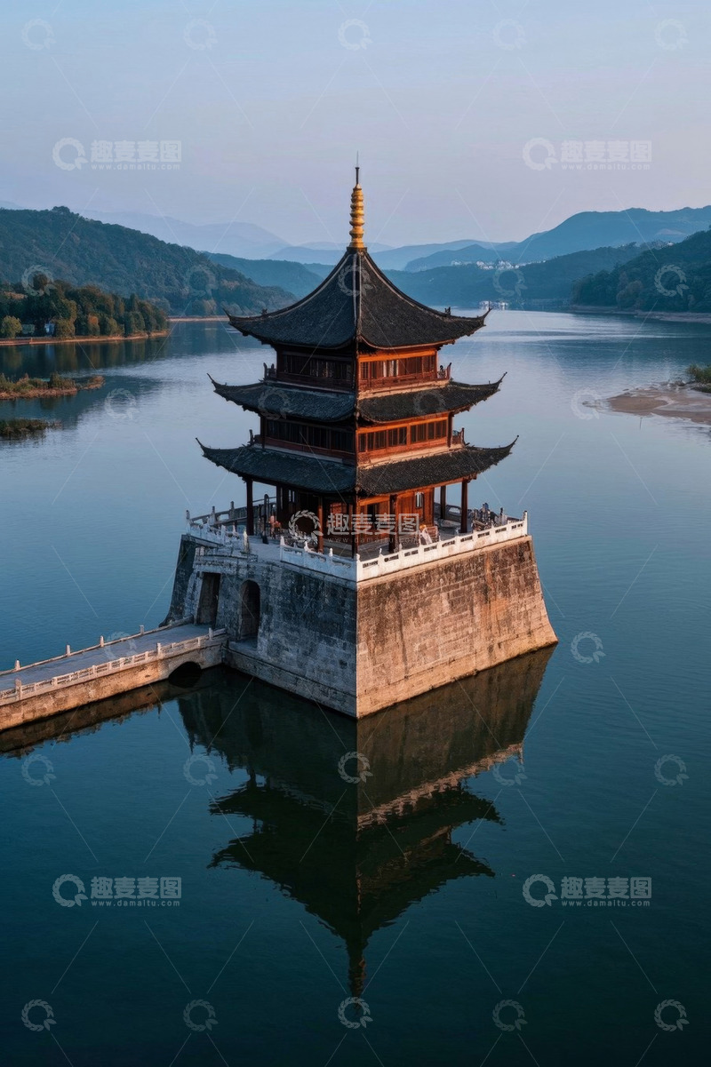 高清大图下载【趣麦麦图】水上古亭全景风光