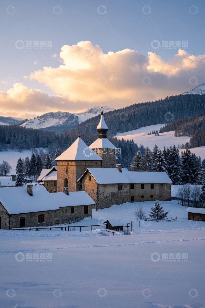 高清大图下载【趣麦麦图】雪后山村古建筑风景