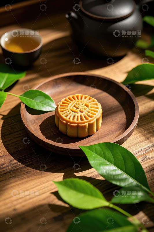 中式木盘上的月饼与茶具