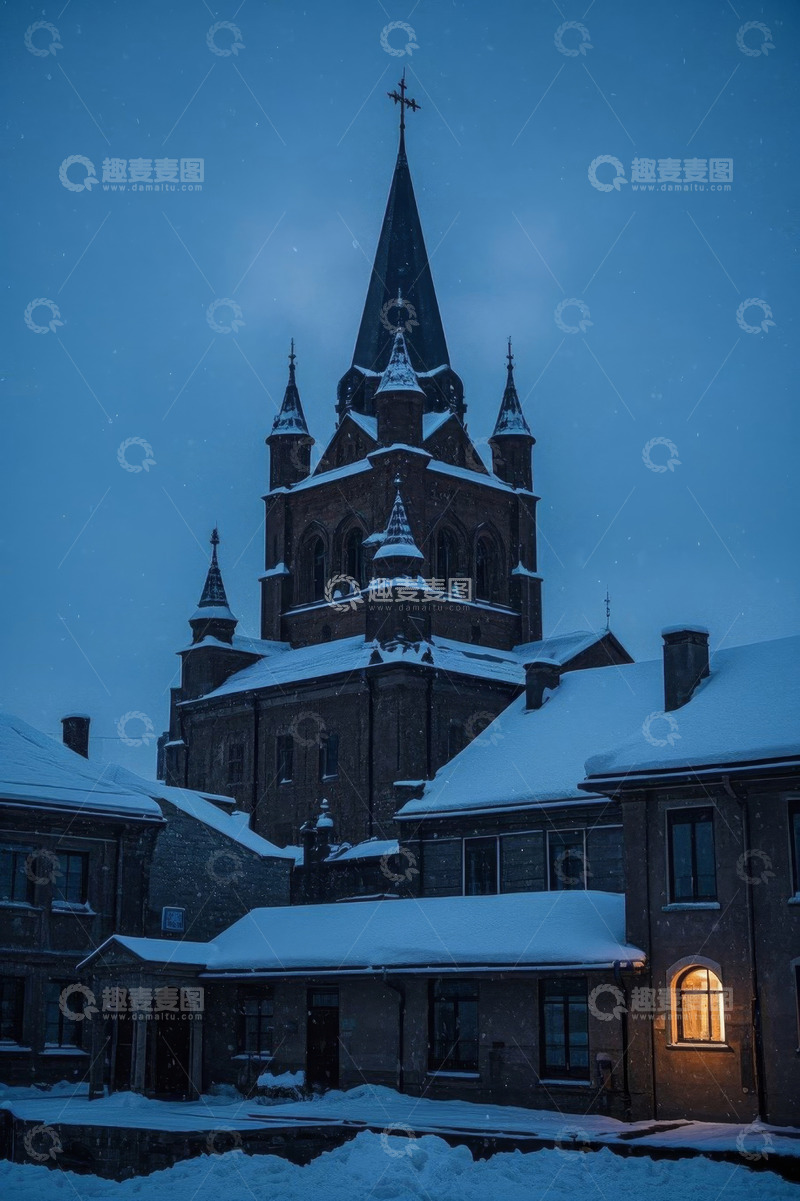 高清大图下载【趣麦麦图】雪夜中的尖顶教堂建筑