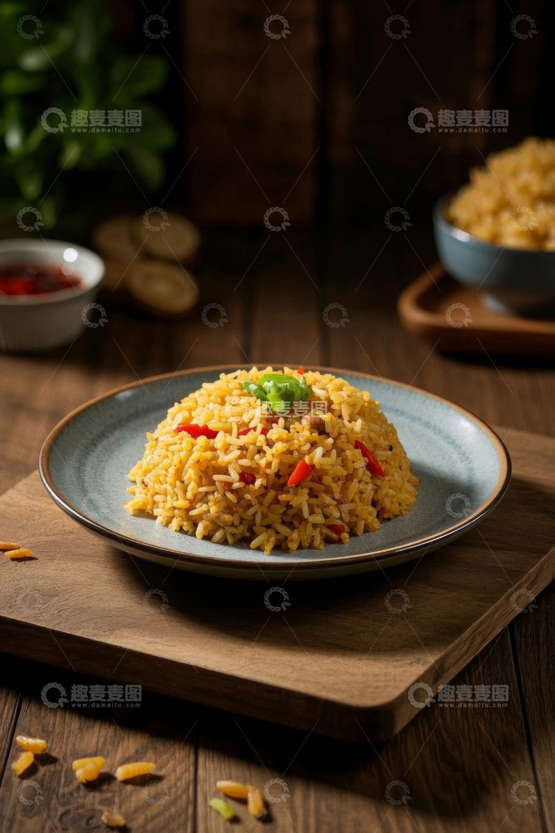 高清大图下载【趣麦麦图】-木桌上摆盘精致的美味炒饭