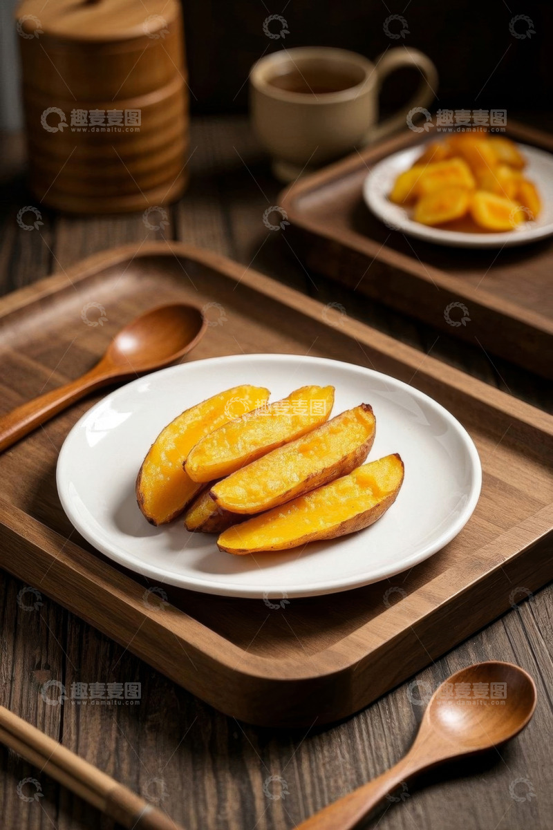 高清大图下载【趣麦麦图】木盘上摆放的美味红薯切片