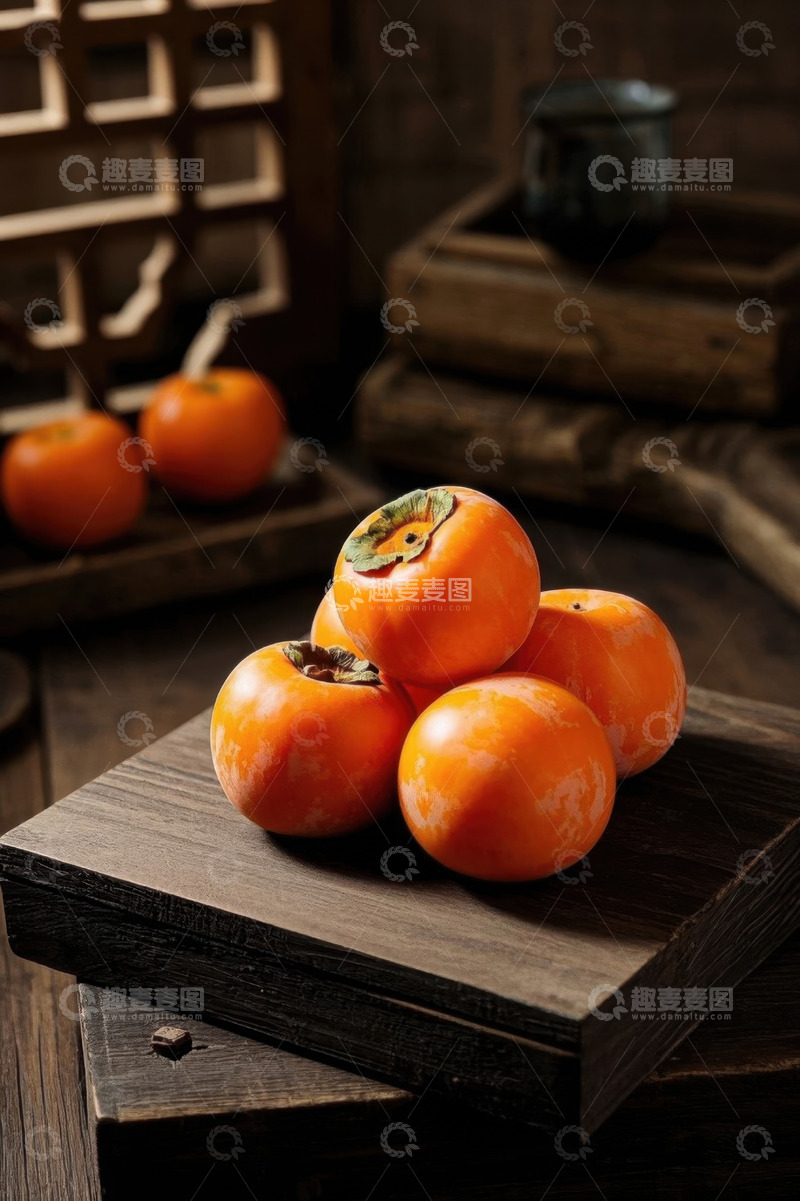 高清大图下载【趣麦麦图】木桌上摆放的新鲜柿子