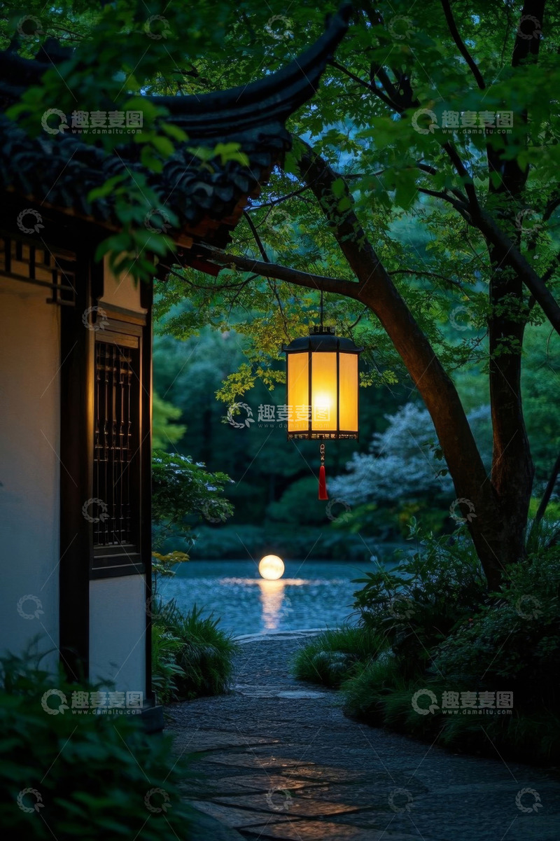 高清大图下载【趣麦麦图】中式园林湖景灯笼夜景