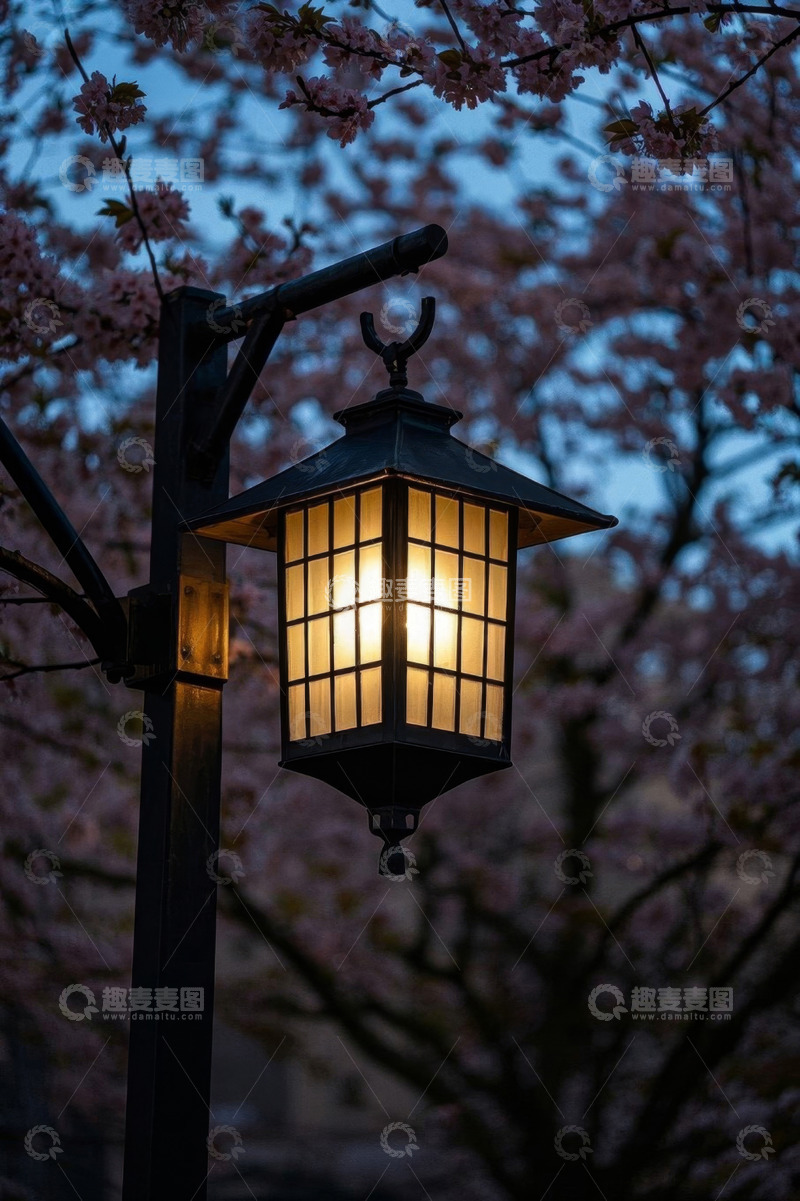 高清大图下载【趣麦麦图】樱花树下点亮的日式灯笼