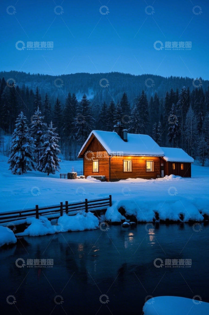 高清大图下载【趣麦麦图】雪夜森林旁的温馨小屋