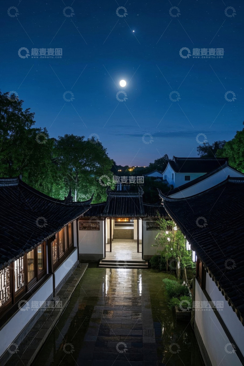高清大图下载【趣麦麦图】月夜下的中式古建筑庭院