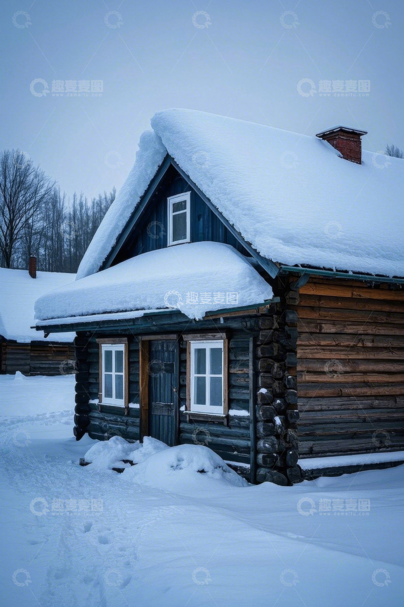 高清大图下载【趣麦麦图】雪覆木屋冬日景致
