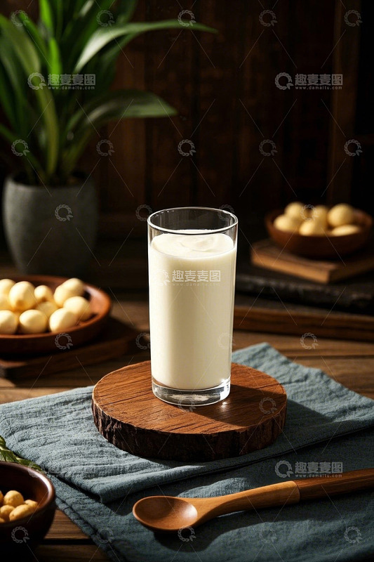 玻璃杯装牛奶静物摆拍