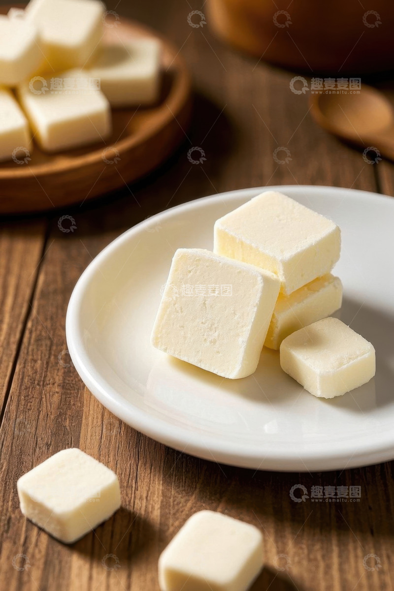 高清大图下载【趣麦麦图】木桌上瓷盘内的块状奶制品