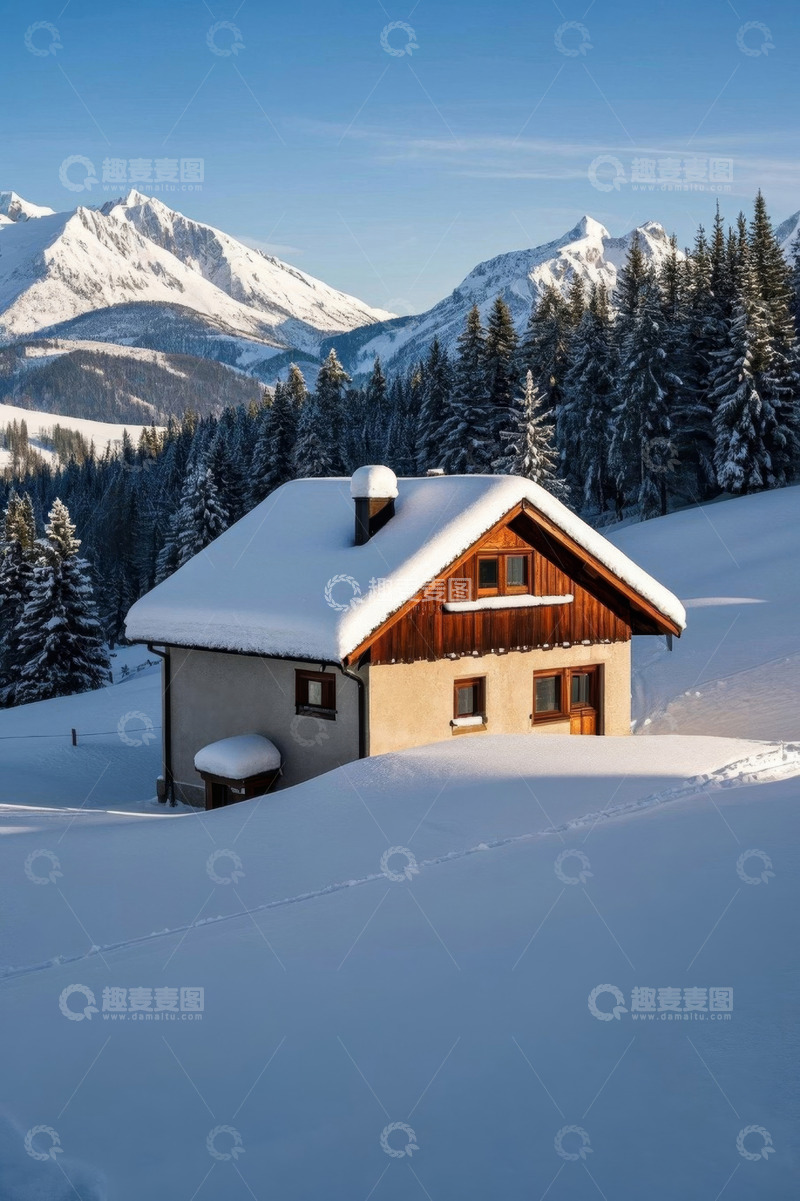 高清大图下载【趣麦麦图】雪山下被积雪覆盖的小屋