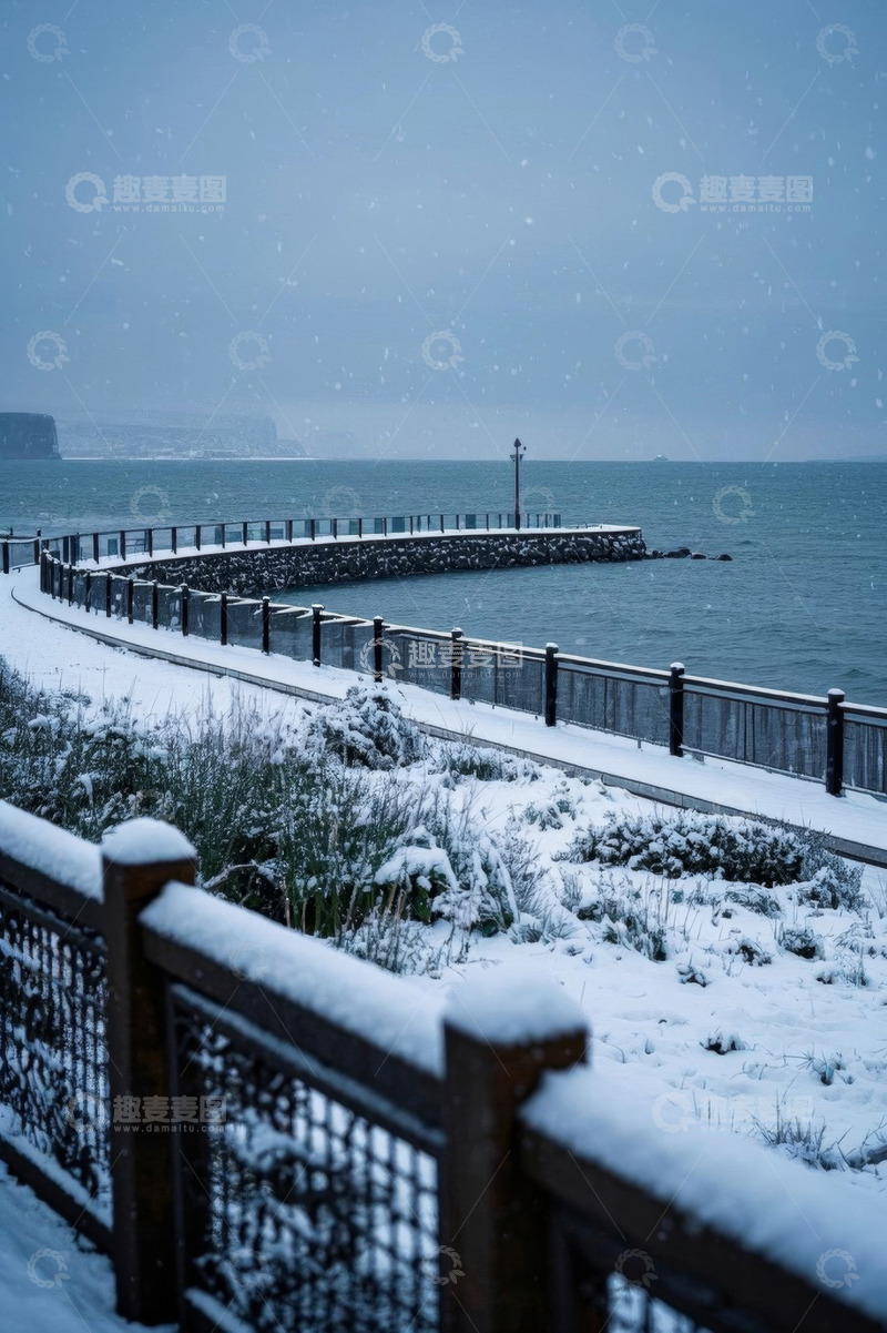 高清大图下载【趣麦麦图】海边雪景围栏景观