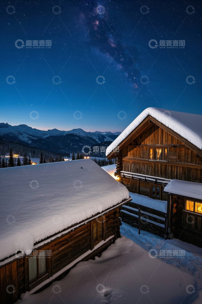 高清大图下载【趣麦麦图】雪后山间木屋夜空美景