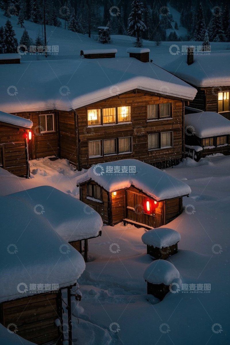 高清大图下载【趣麦麦图】雪夜中被积雪覆盖的木屋