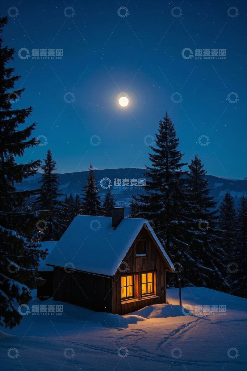高清大图下载【趣麦麦图】雪夜中被树木环绕的小屋