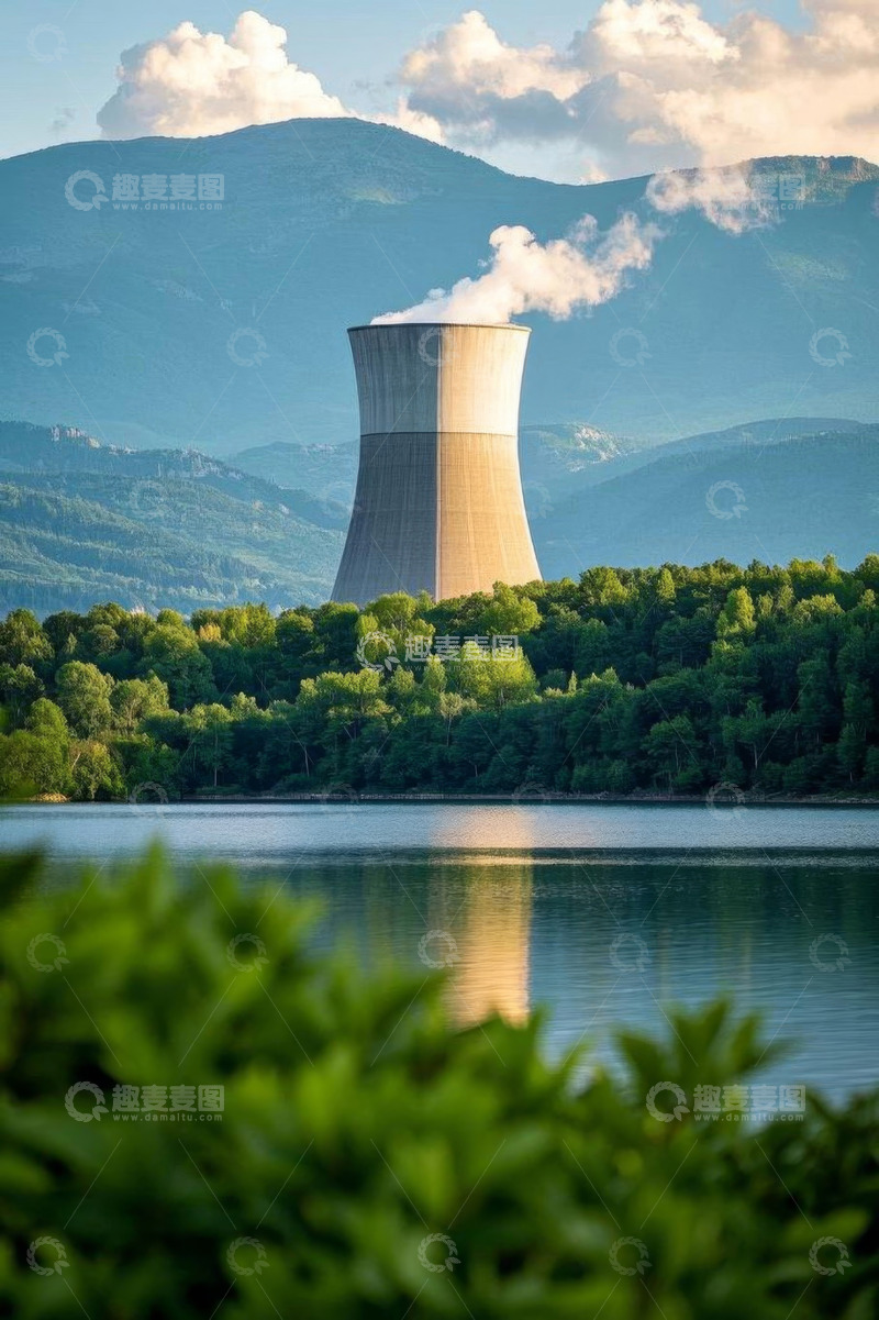 高清大图下载【趣麦麦图】湖边山林旁的核电厂冷却塔