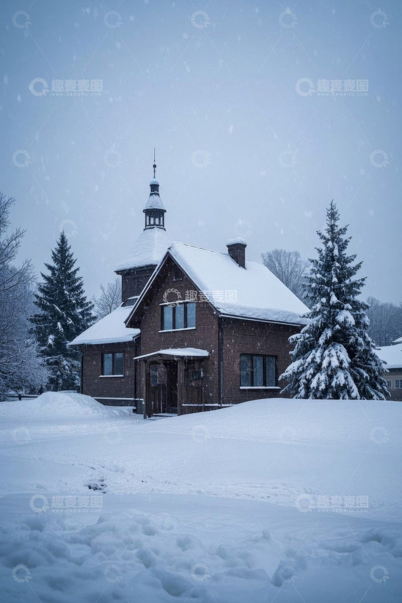 高清大图下载【趣麦麦图】雪中带尖顶的独栋小屋