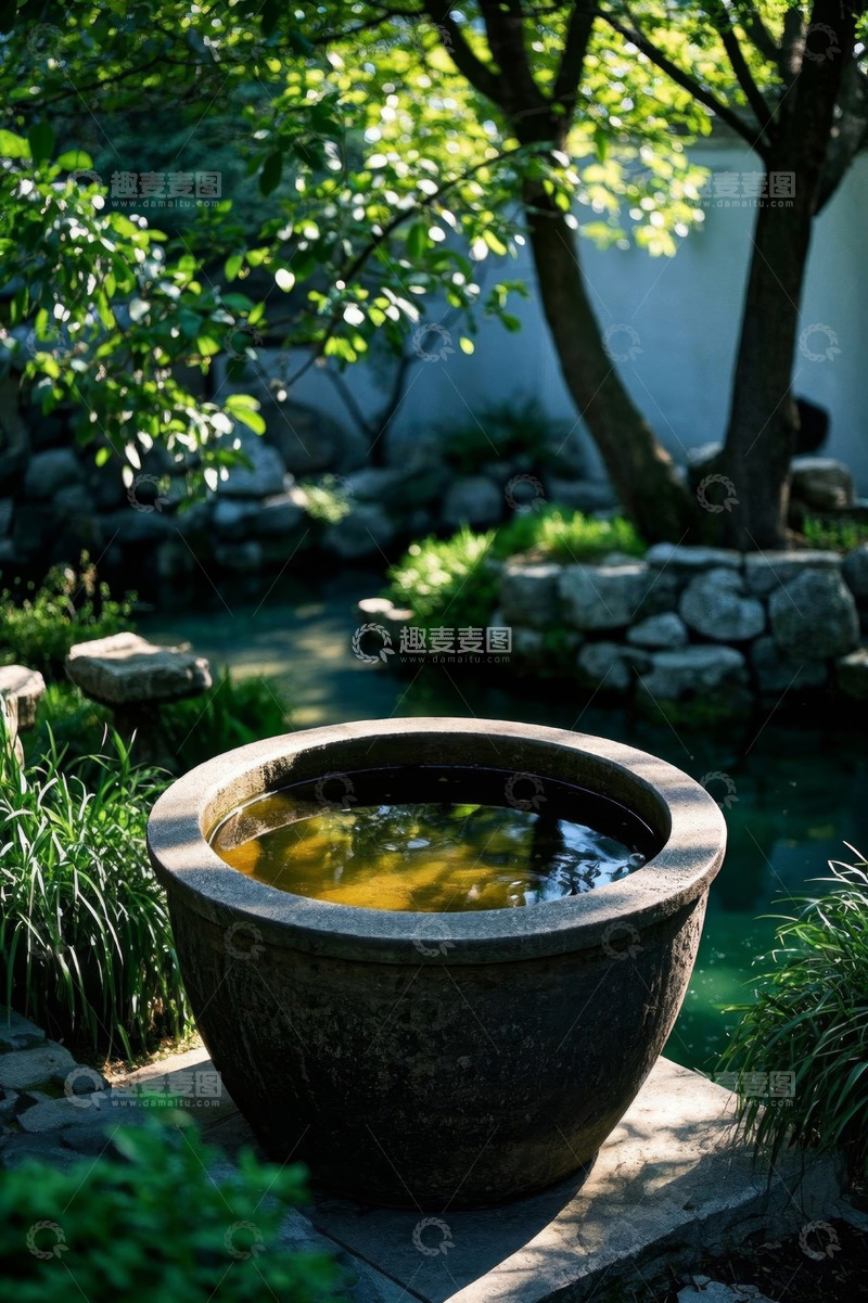 高清大图下载【趣麦麦图】庭院中盛满水的石缸景观