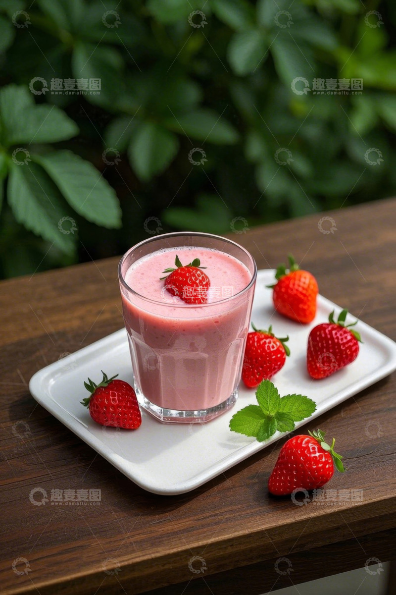 高清大图下载【趣麦麦图】玻璃杯装草莓奶昔与草莓摆盘
