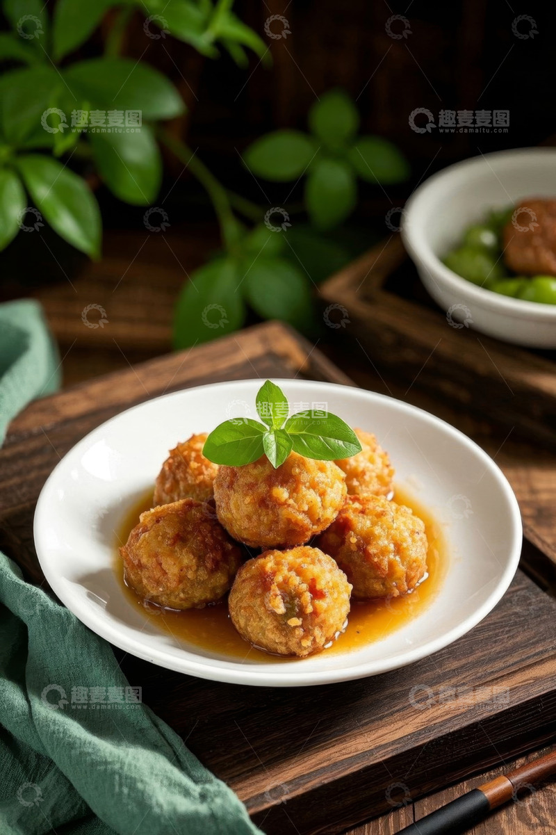 高清大图下载【趣麦麦图】盘中肉丸搭配绿叶装饰