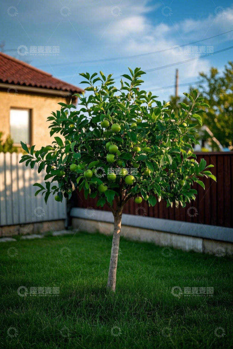 高清大图下载【趣麦麦图】庭院中结满青苹果的果树