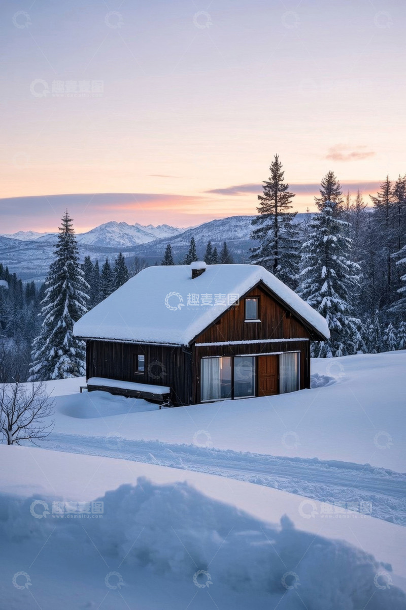 高清大图下载【趣麦麦图】雪中小木屋与森林景观
