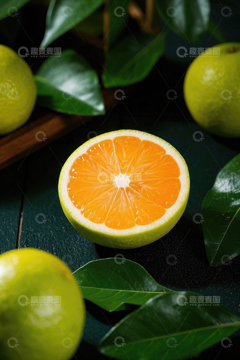 高清大图下载【趣麦麦图】切开的橙子与绿叶特写