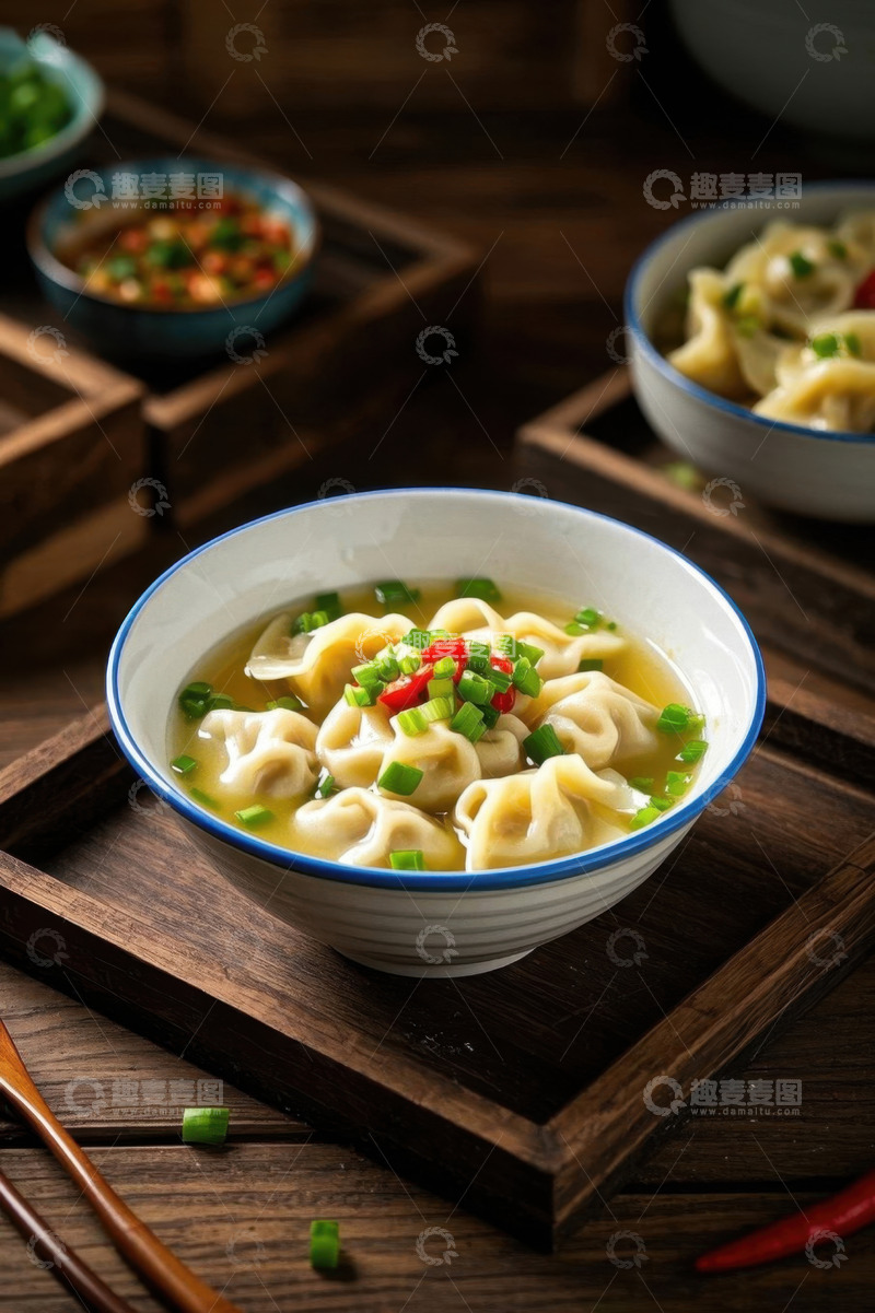 高清大图下载【趣麦麦图】木托盘上碗装美味饺子