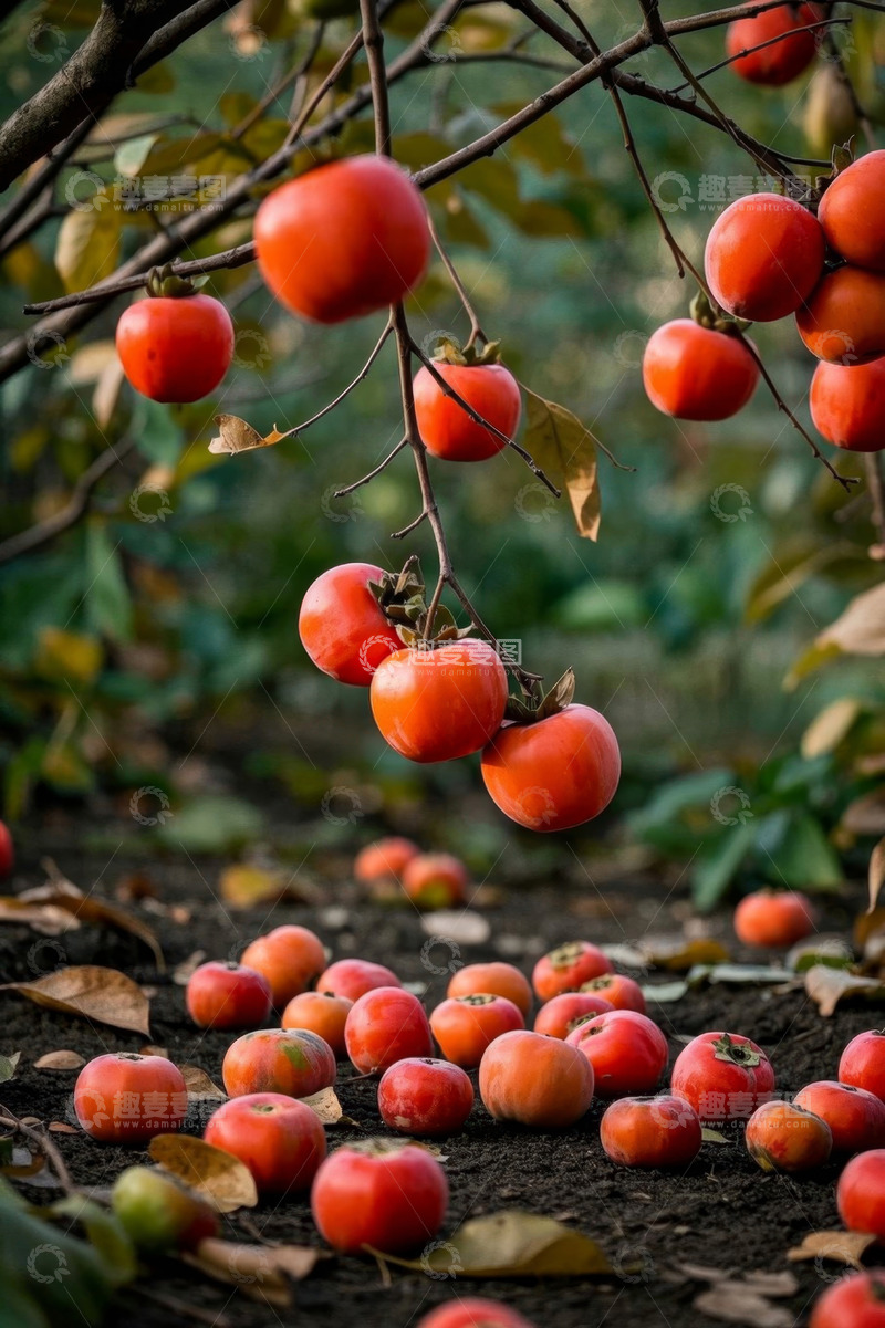 高清大图下载【趣麦麦图】枝头与地上的成熟柿子