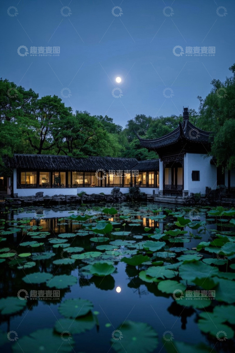 高清大图下载【趣麦麦图】月夜中式园林池塘景观