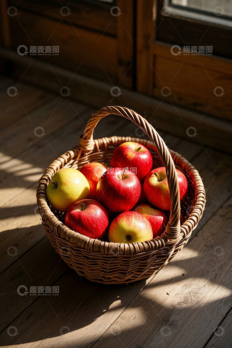 高清大图下载【趣麦麦图】木篮中摆放的新鲜红苹果
