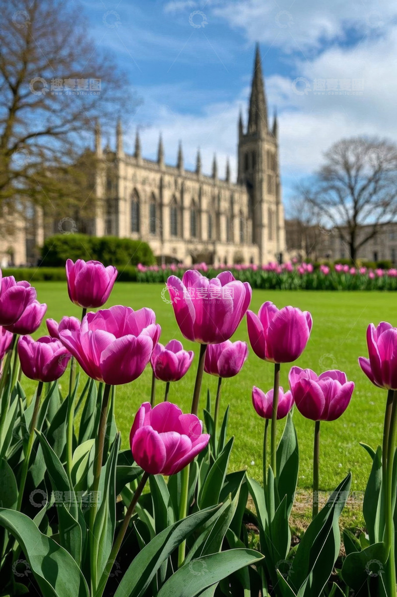 高清大图下载【趣麦麦图】教堂前盛开的紫色郁金香