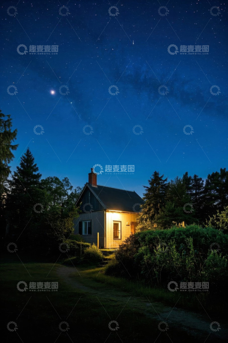 高清大图下载【趣麦麦图】夜晚星空下的乡村小屋