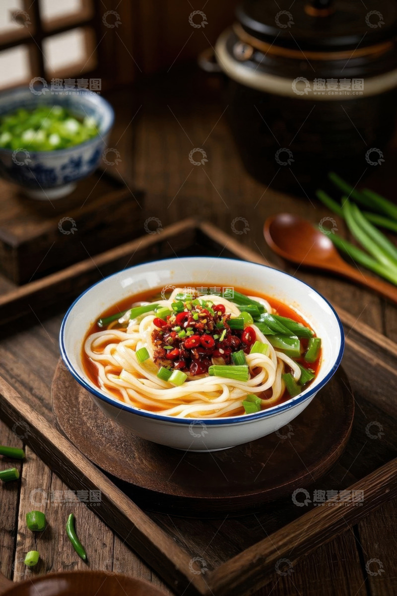 高清大图下载【趣麦麦图】中式木桌摆放的一碗美味面条