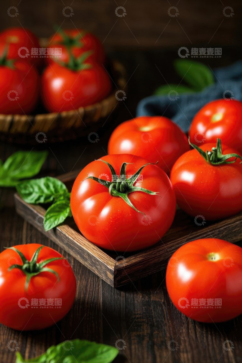 高清大图下载【趣麦麦图】木盘上摆放的新鲜西红柿
