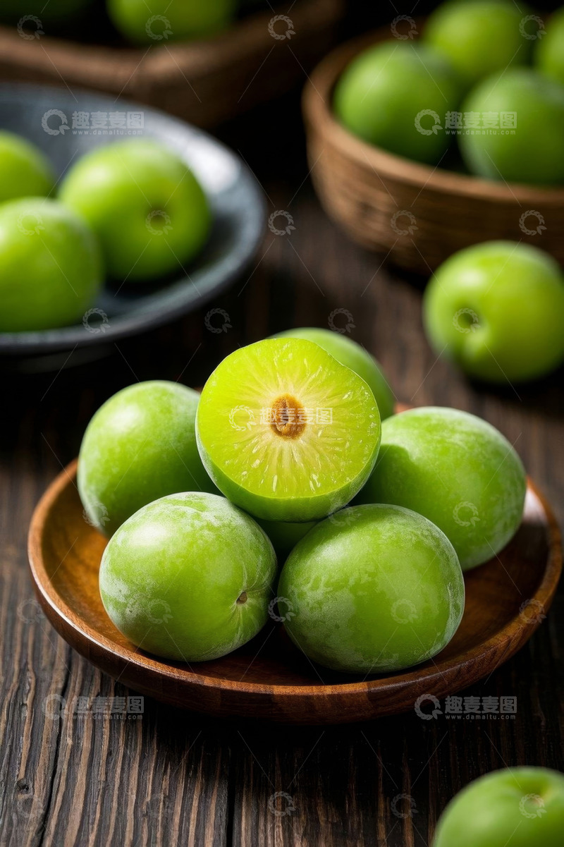 高清大图下载【趣麦麦图】木盘盛放的新鲜青李子