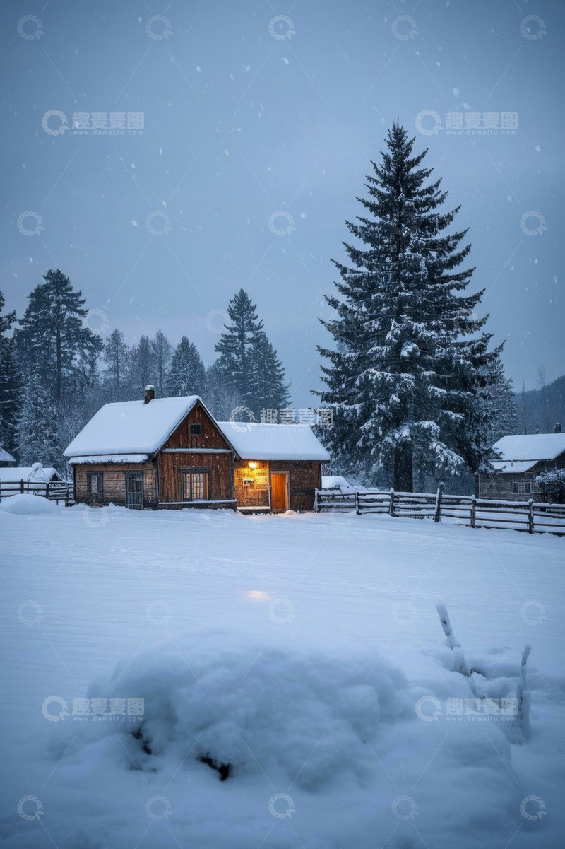 高清大图下载【趣麦麦图】雪天森林中的木屋景观
