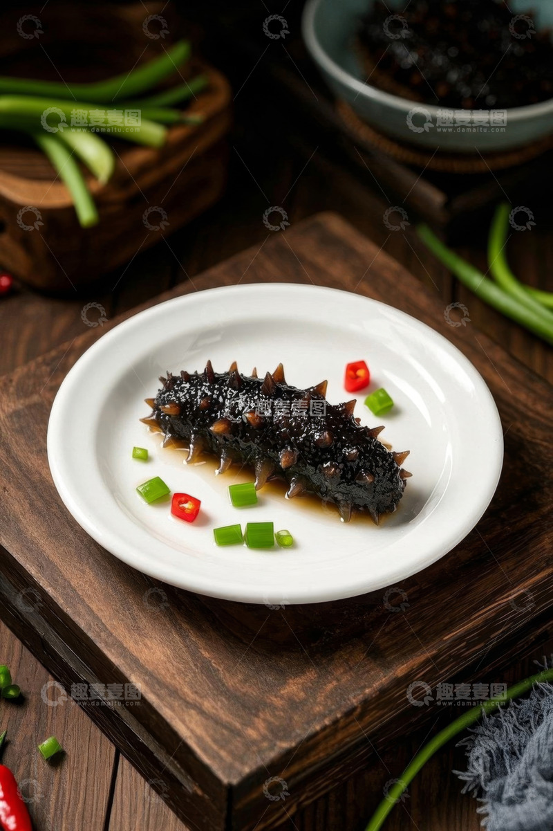 高清大图下载【趣麦麦图】白盘上的刺参搭配葱椒装饰