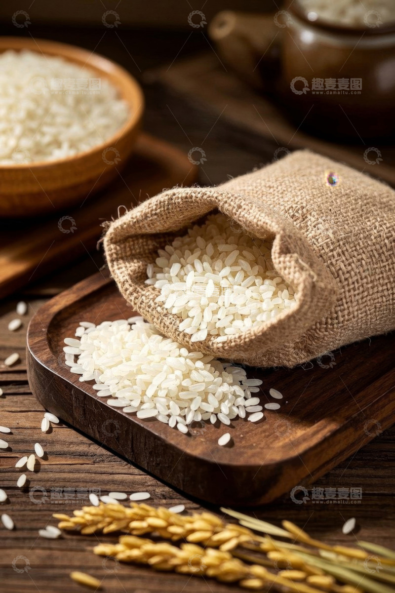 高清大图下载【趣麦麦图】麻袋和木盘上的大米谷物